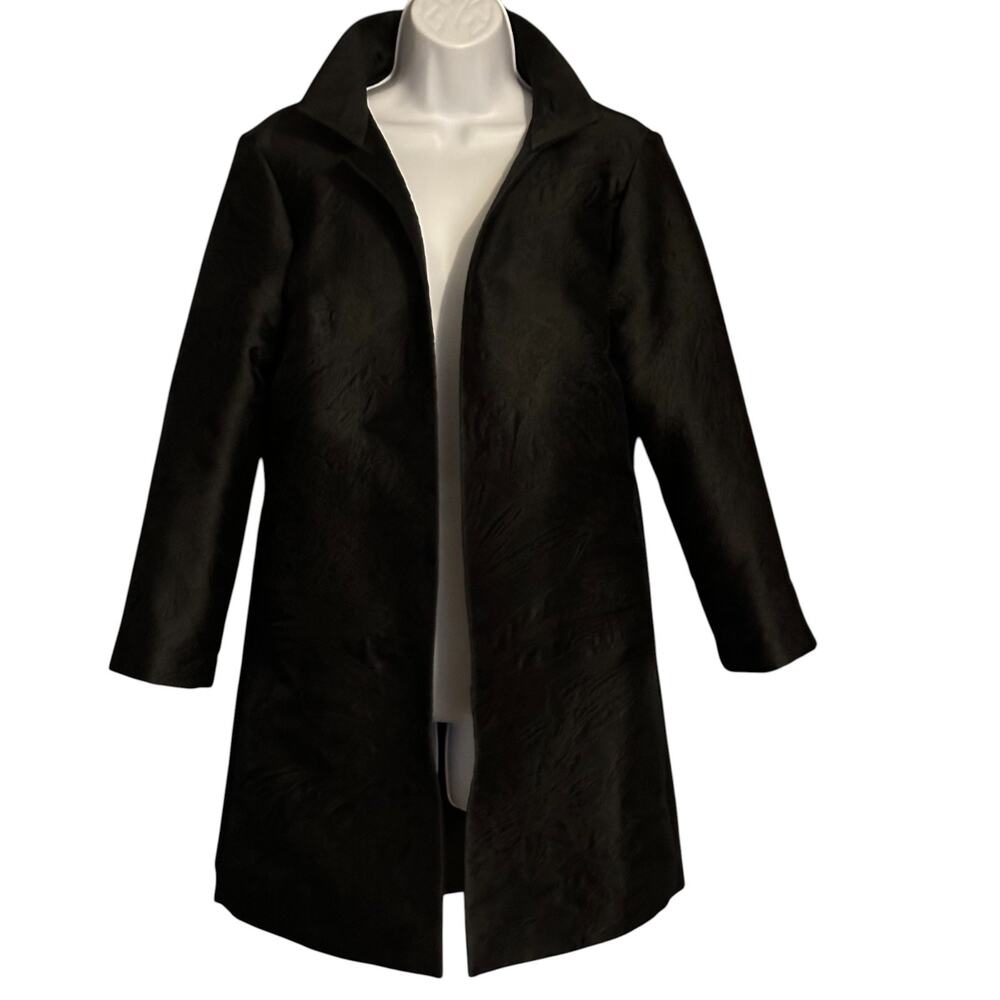 Grace Chung Black Floral Puckered Jacket Coat Size Small Open Front Mid-Length